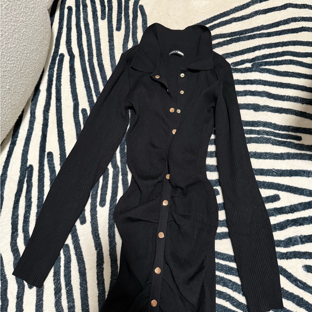Black Ribbed Button-Up Dress